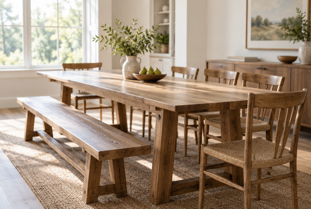 A long solid wood farmhouse dining table with a bench and chairs in a sunny dining room