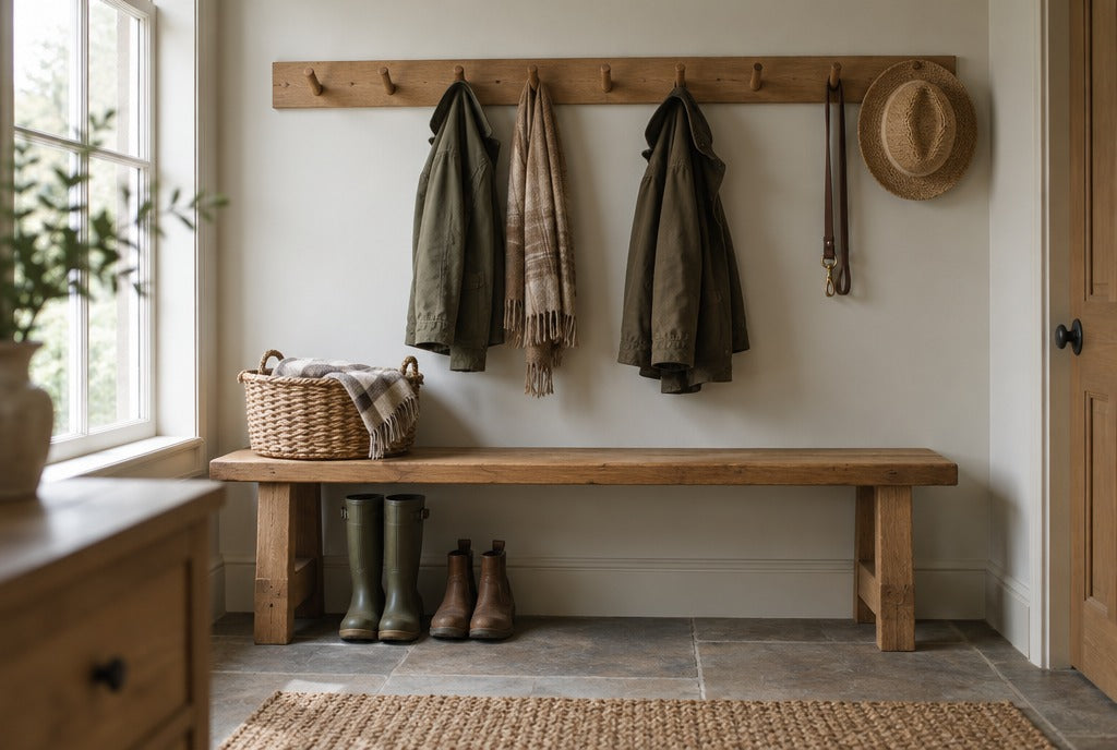 A solid wood bench under a row of wooden coat pegs in a farmhouse mudroom with boots and a basket