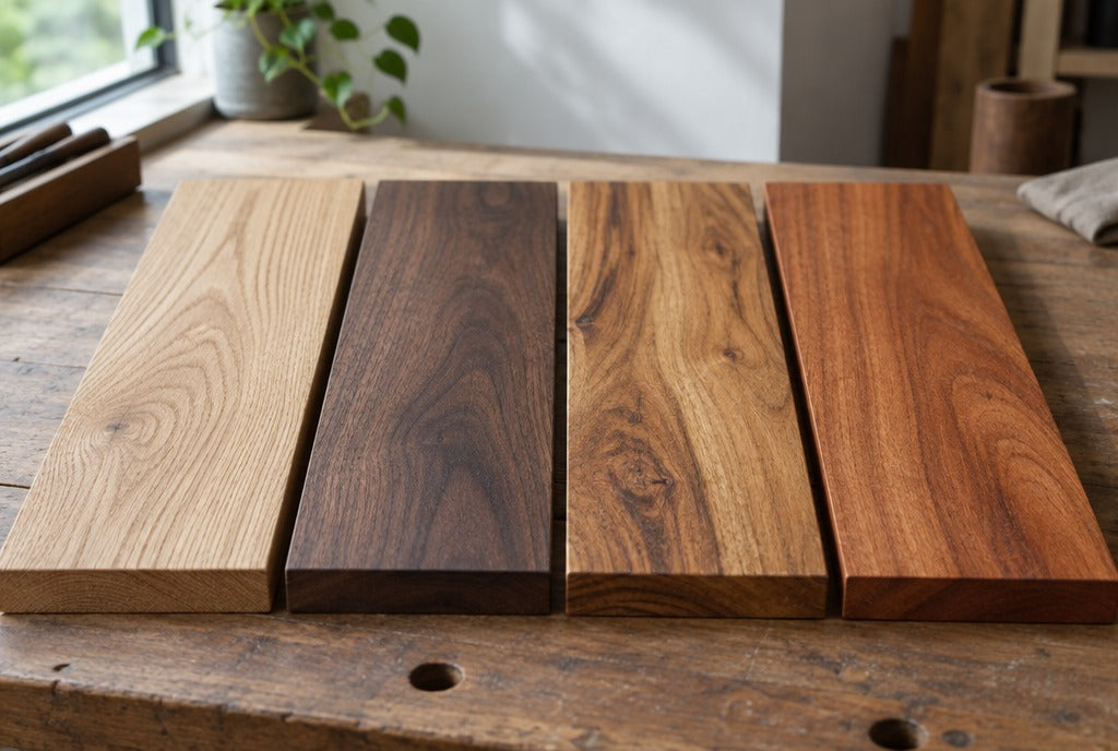 Four hardwood boards side by side — oak, walnut, acacia and suar — showing different grain and color on a workbench