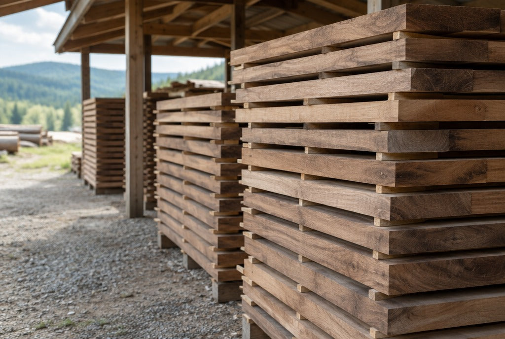Stacks of hardwood lumber separated by thin sticks drying under an open shed at a rural sawmill