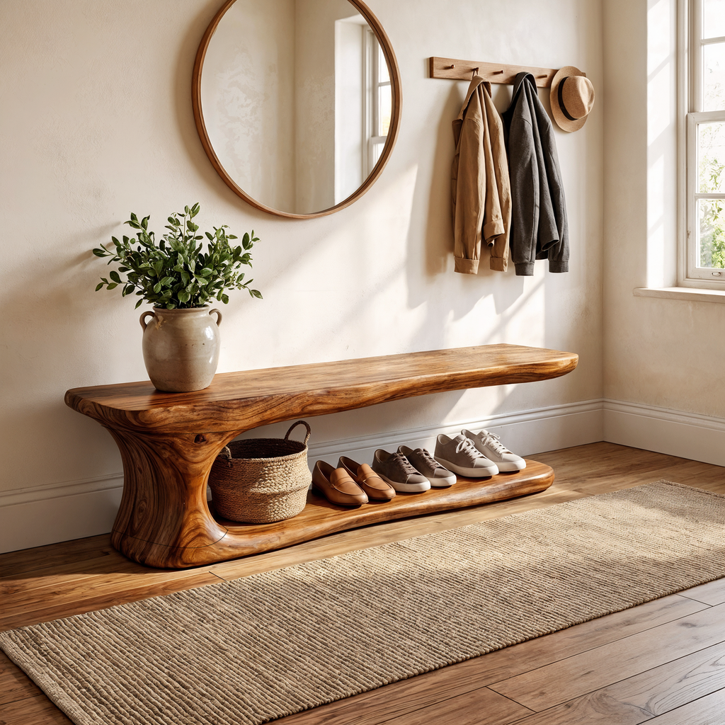 Rustic Natural Edge Wooden Shoe Bench Entry Hall