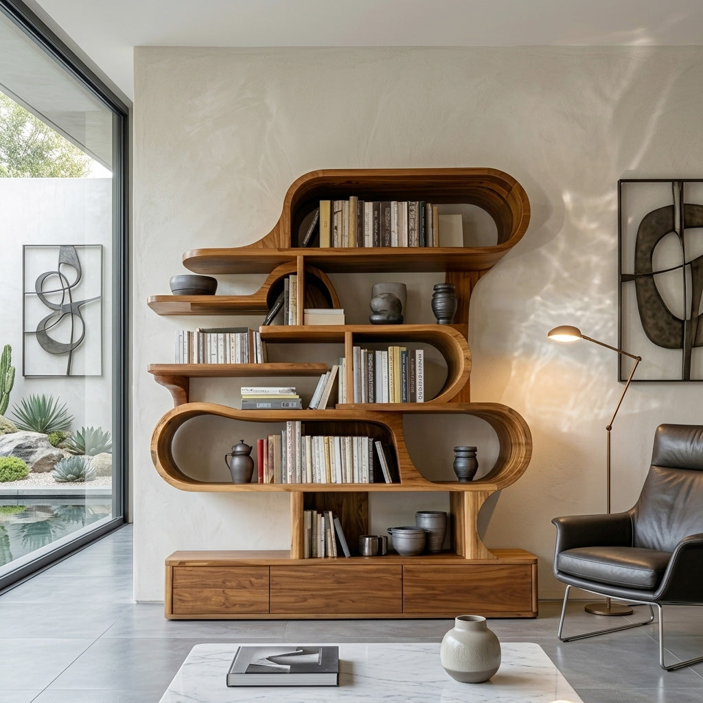 Modern Sculptural Bookshelf With Curved Design For Living Room Or Office