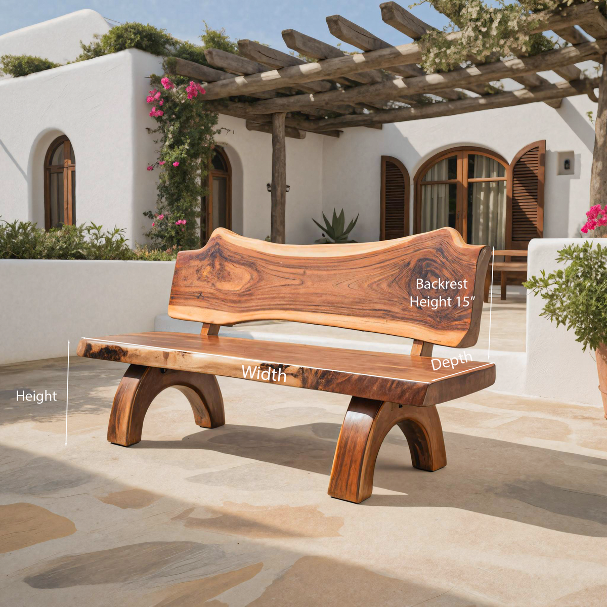 Rustic Live Edge Bench With Backrest For Patio Garden Courtyard