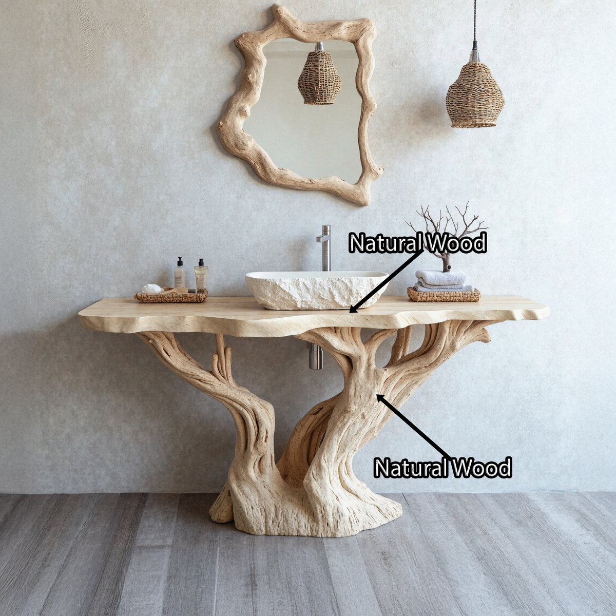 Handcrafted Solid Wood Bathroom Vanity With Natural Finish
