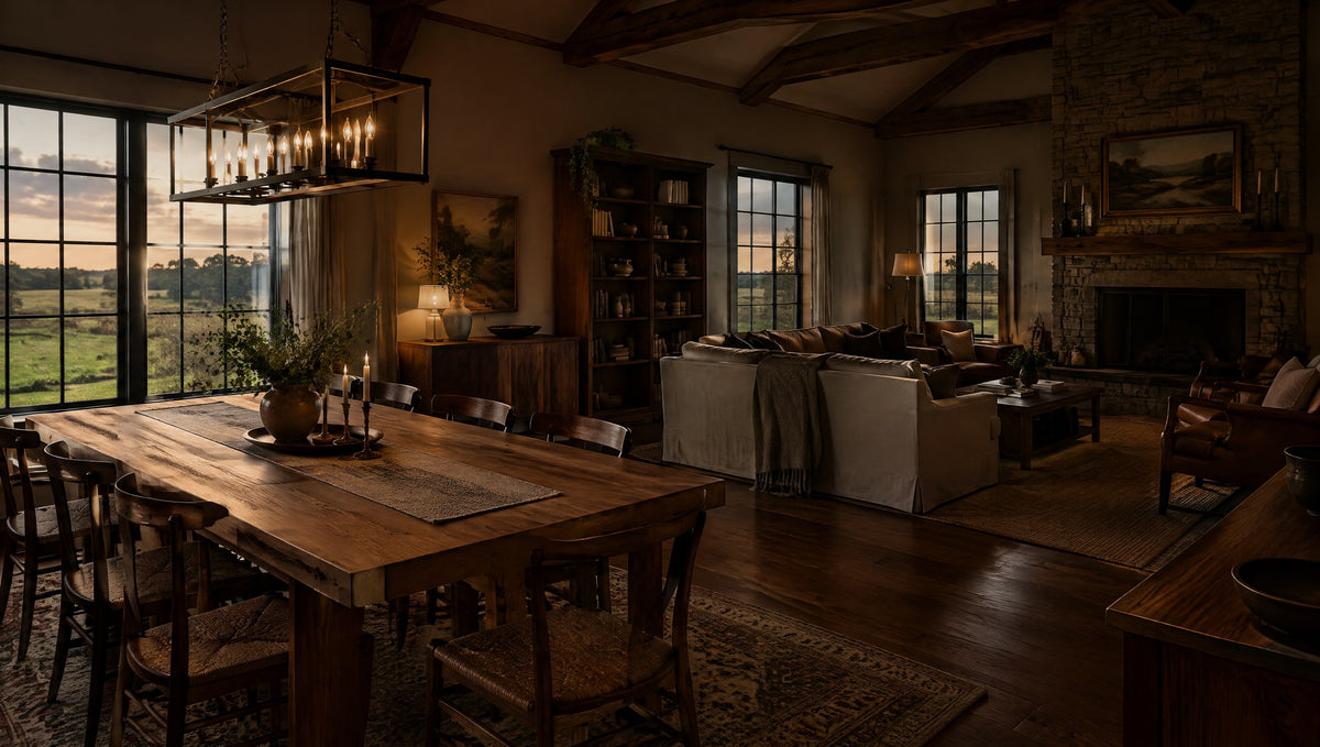 A farmhouse great room with a solid oak table, walnut console and bookcase
