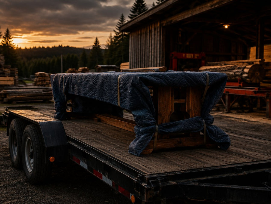 A blanket-wrapped dining table on a trailer beside a sawmill shed